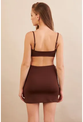 Kadın Kahverengi Yıldız Aksesuarlı Crop Etek Takım DCF054