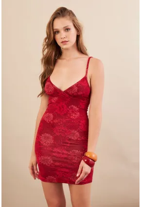 Kadın Kırmızı Askılı Çiçekli Mini Elbise LPP1129-90