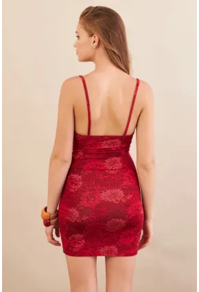 Kadın Kırmızı Askılı Çiçekli Mini Elbise LPP1129-90
