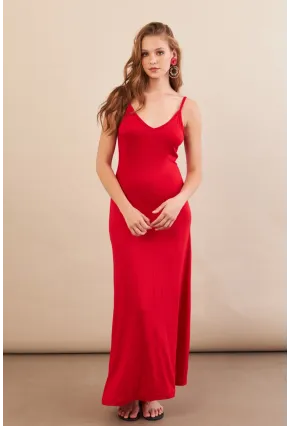 Kadın Kırmızı Ayarlanabilir Askılı Midaxi Elbise EY3115