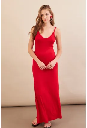 Kadın Kırmızı Ayarlanabilir Askılı Midaxi Elbise EY3115