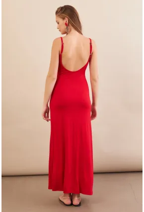 Kadın Kırmızı Ayarlanabilir Askılı Midaxi Elbise EY3115