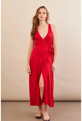 Kadın Kırmızı Bağlamalı Kruvaze Midi Elbise EY3107