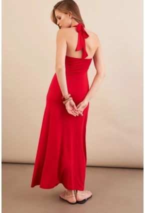 Kadın Kırmızı Boyun Bağlamalı Halter Midaxi Elbise EY3113