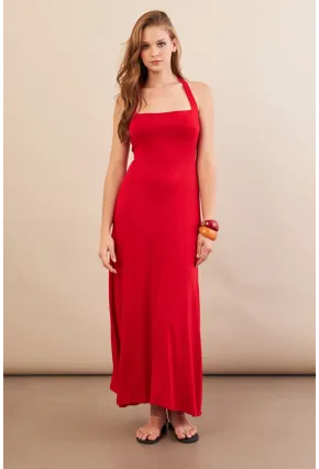 Kadın Kırmızı Boyun Bağlamalı Halter Midaxi Elbise EY3113