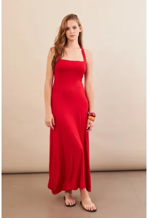 Kadın Kırmızı Boyun Bağlamalı Halter Midaxi Elbise EY3113