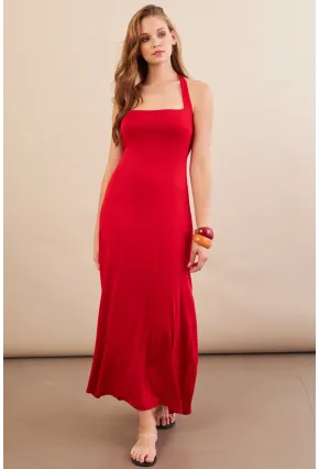 Kadın Kırmızı Boyun Bağlamalı Halter Midaxi Elbise EY3113