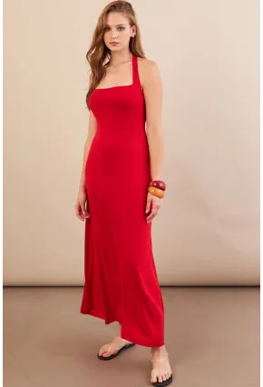 Kadın Kırmızı Boyun Bağlamalı Halter Midaxi Elbise EY3113