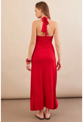 Kadın Kırmızı Boyun Bağlamalı Halter Midaxi Elbise EY3113