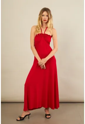 Kadın Kırmızı Boyun Bağlamalı Straplez Elbise EY3121