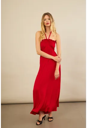 Kadın Kırmızı Boyun Bağlamalı Straplez Elbise EY3121