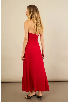 Kadın Kırmızı Boyun Bağlamalı Straplez Elbise EY3121