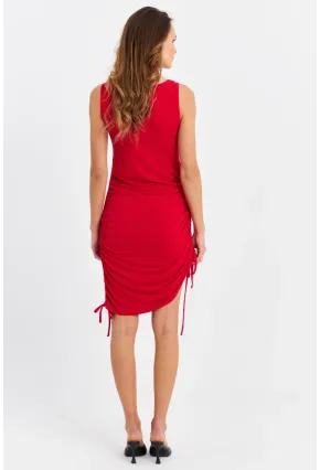 Kadın Kırmızı Büzgülü Ayarlanabilir Midi Elbise HOR002
