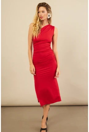 Kadın Kırmızı Büzgülü Tek Omuz Midi Elbise YEL221676