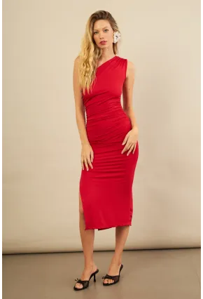 Kadın Kırmızı Büzgülü Tek Omuz Midi Elbise YEL221676