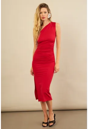 Kadın Kırmızı Büzgülü Tek Omuz Midi Elbise YEL221676