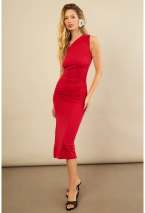 Kadın Kırmızı Büzgülü Tek Omuz Midi Elbise YEL221676