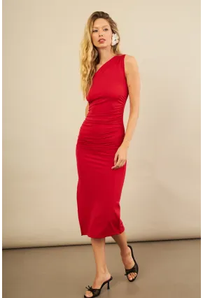 Kadın Kırmızı Büzgülü Tek Omuz Midi Elbise YEL221676