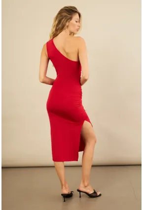 Kadın Kırmızı Büzgülü Tek Omuz Midi Elbise YEL221676