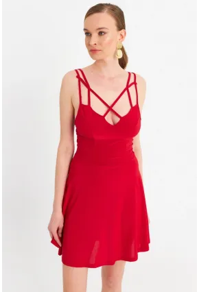 Kadın Kırmızı Çapraz Askılı Mini Elbise ELT182