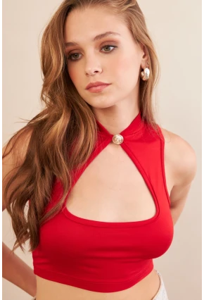 Kadın Kırmızı Düğme Detaylı Pencereli Bluz EY3110