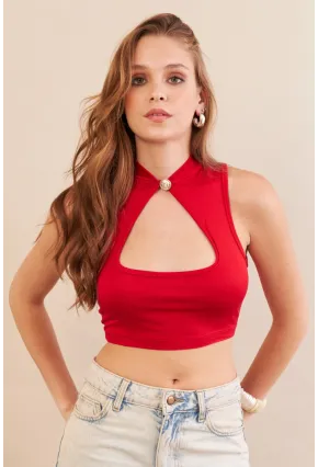 Kadın Kırmızı Düğme Detaylı Pencereli Bluz EY3110