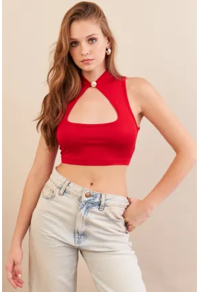 Kadın Kırmızı Düğme Detaylı Pencereli Bluz EY3110