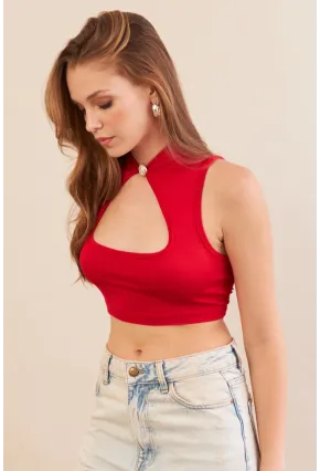 Kadın Kırmızı Düğme Detaylı Pencereli Bluz EY3110