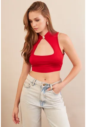 Kadın Kırmızı Düğme Detaylı Pencereli Bluz EY3110