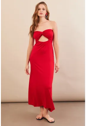 Kadın Kırmızı Düğümlü Pencereli Straplez Midi Elbise EY3109