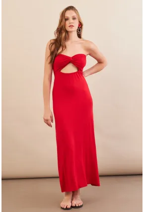 Kadın Kırmızı Düğümlü Pencereli Straplez Midi Elbise EY3109