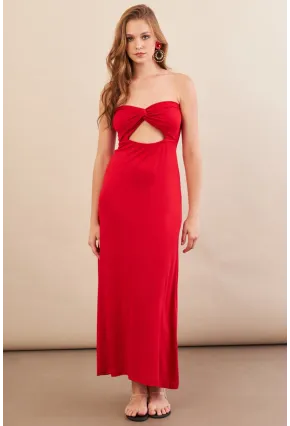 Kadın Kırmızı Düğümlü Pencereli Straplez Midi Elbise EY3109