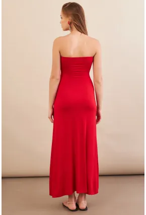 Kadın Kırmızı Düğümlü Pencereli Straplez Midi Elbise EY3109