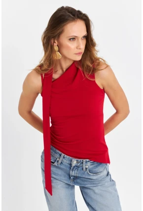 Kadın Kırmızı Fularlı Asimetrik Bluz HOR0079