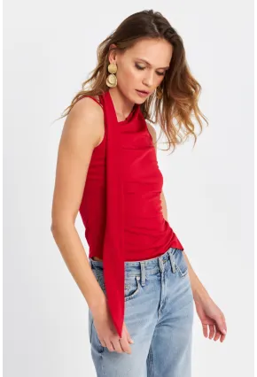 Kadın Kırmızı Fularlı Asimetrik Bluz HOR0079