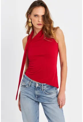 Kadın Kırmızı Fularlı Asimetrik Bluz HOR0079