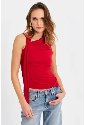 Kadın Kırmızı Fularlı Asimetrik Bluz HOR0079