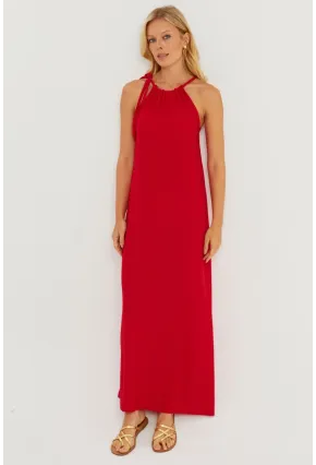 Kadın Kırmızı Halter Yaka Bürümcük Midi Elbise EY2788