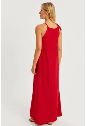 Kadın Kırmızı Halter Yaka Bürümcük Midi Elbise EY2788