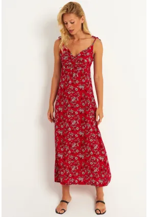 Kadın Kırmızı İp Askılı Çiçekli Midi Elbise GÇ172