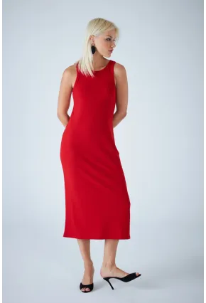 Kadın Kırmızı Kolsuz Yırtmaçlı Midi Elbise AYD418