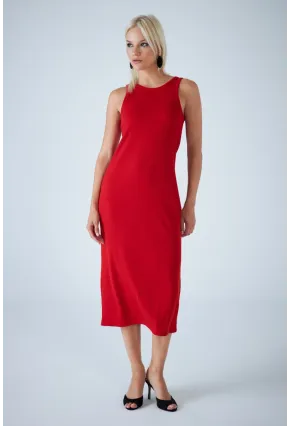 Kadın Kırmızı Kolsuz Yırtmaçlı Midi Elbise AYD418