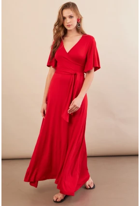 Kadın Kırmızı Kruvaze Bağlamalı Maxi Elbise EY3038