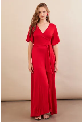 Kadın Kırmızı Kruvaze Bağlamalı Maxi Elbise EY3038