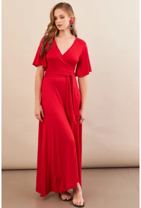 Kadın Kırmızı Kruvaze Bağlamalı Maxi Elbise EY3038