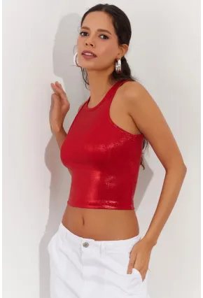 Kadın Kırmızı Metalik Crop Bluz LPP1218