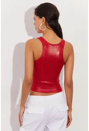 Kadın Kırmızı Metalik Crop Bluz LPP1218