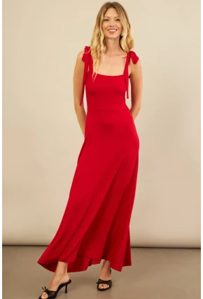 Kadın Kırmızı Omuz Fiyonklu Midi Elbise EY3119