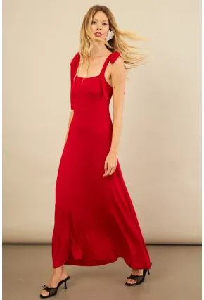 Kadın Kırmızı Omuz Fiyonklu Midi Elbise EY3119