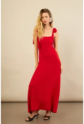 Kadın Kırmızı Omuz Fiyonklu Midi Elbise EY3119